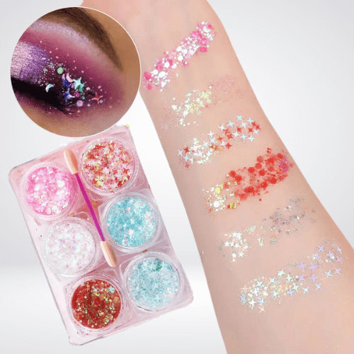 Set de 6 frascos de gel con purpurina: lentejuelas para rostro, cabello y cuerpo para maquillaje de festival 🍄