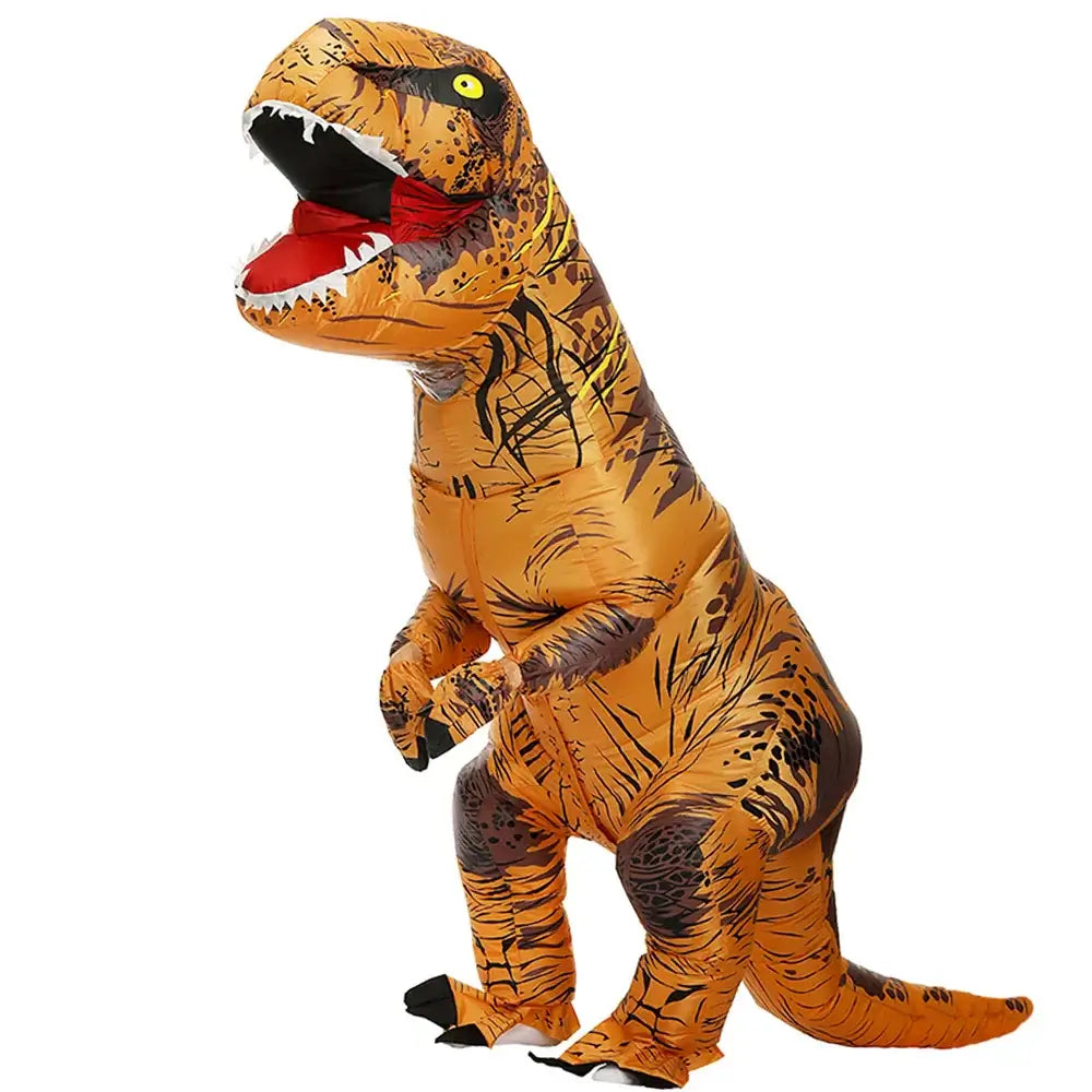 Inflatable T-Rex costume, perfect for EDM festivals and techno parties, a fun festival essential for Top 100 DJ events.