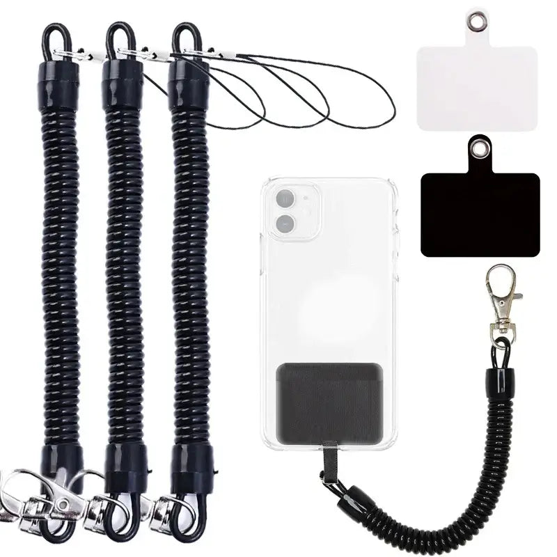 Phone case with black coiled lanyards and ID card holders, featuring detachable clips for secure carry.