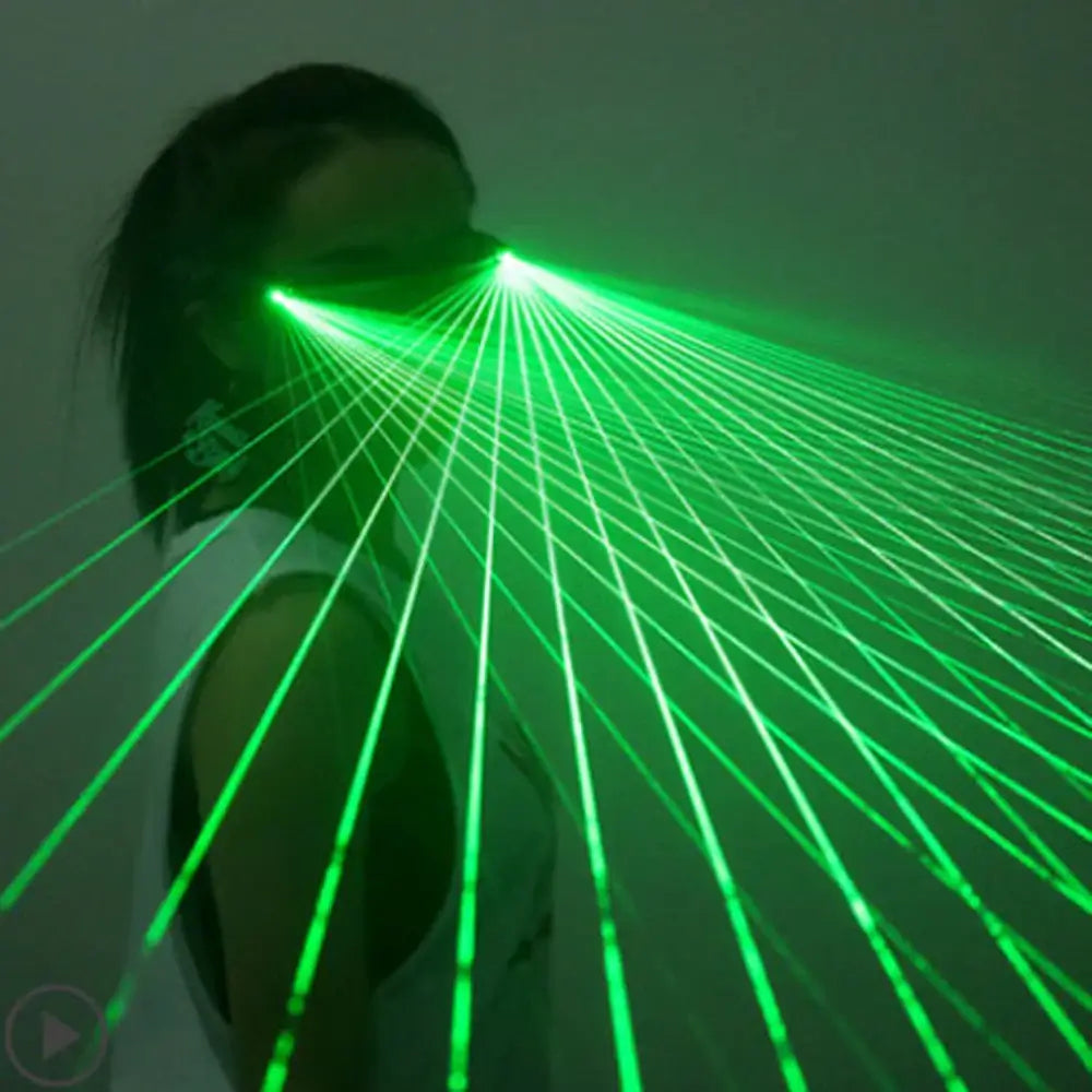 Person wearing LED glasses emitting green laser beams, perfect for EDM festivals and techno rave parties. Festival essentials.