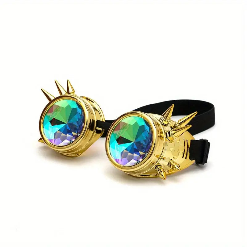 Gold spiked rave glasses with colorful prism lenses, perfect for EDM and festival essentials at Liakara Store.