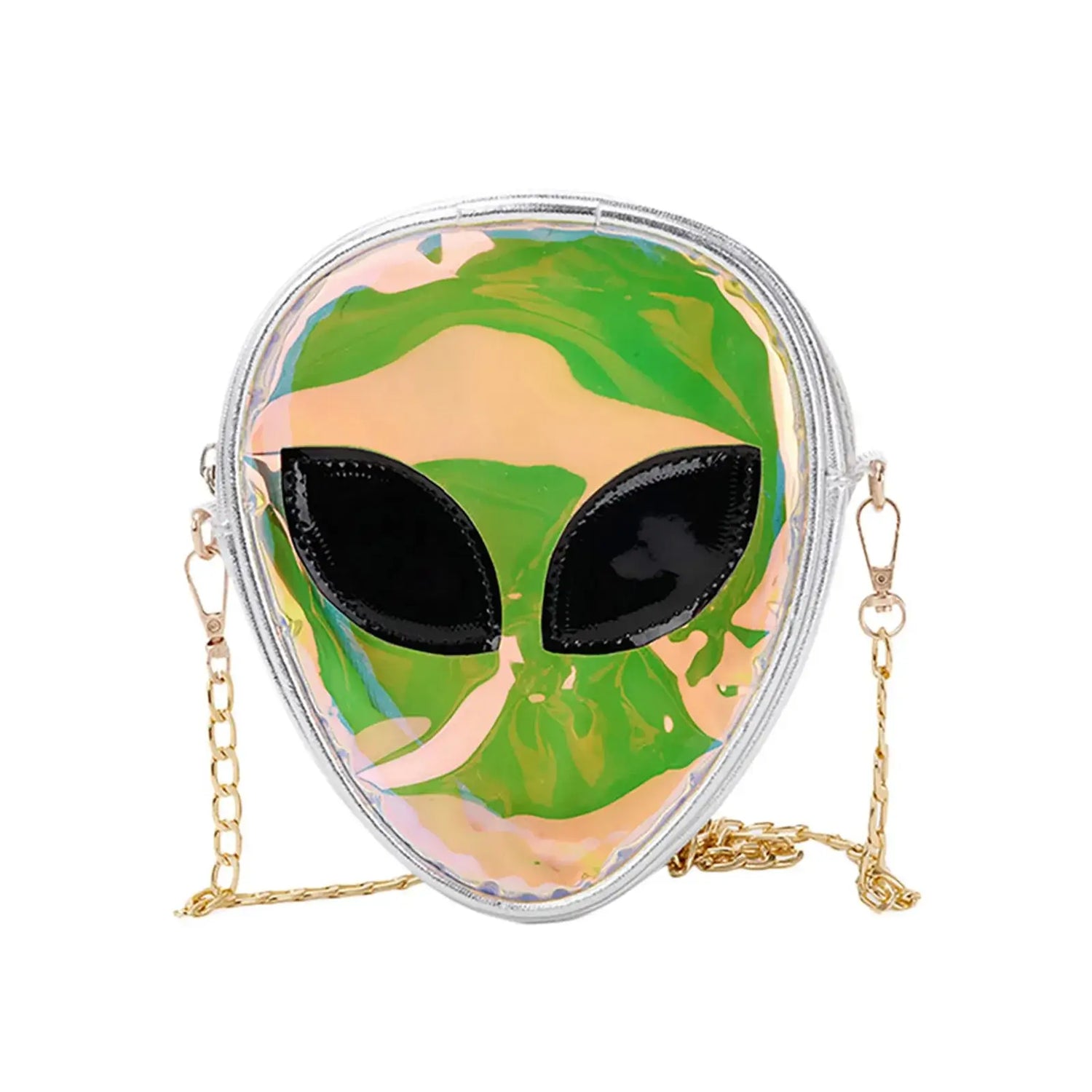 Holographic alien face rave bag with gold chain, perfect for EDM festivals and techno party-goers, festival essentials.