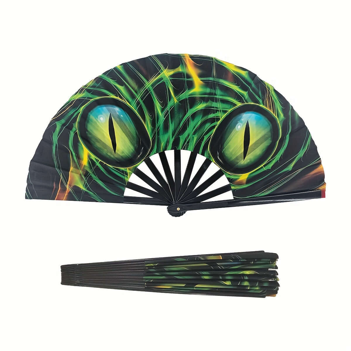 Vibrant EDM rave fan with reflective reptile eye design, perfect festival essential for staying cool on the techno dance floor.