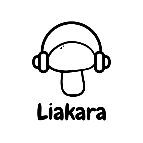 Monochrome mushroom with headphones and the text "Liakara" below, representing music and festival themes.