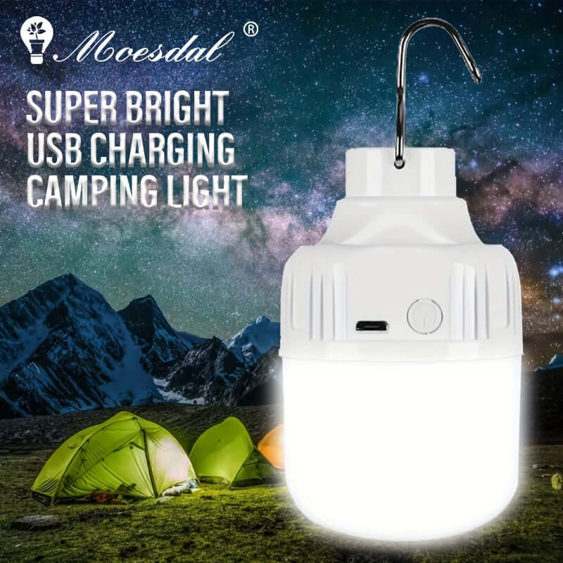 Moesdal USB Rechargeable LED Camping Lantern in a tent setup under starry night sky, showcasing its super bright light and hook attachment.