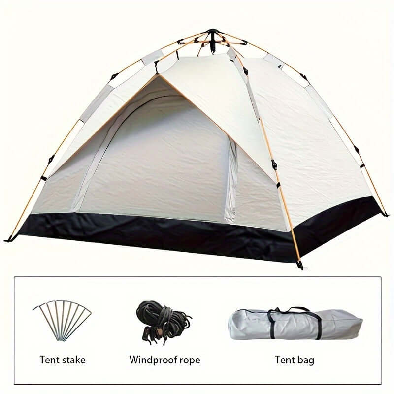 Waterproof 3-4 person camping tent with automatic setup, UV protection, carbon-fiber poles, tent stake, windproof rope, and tent bag.