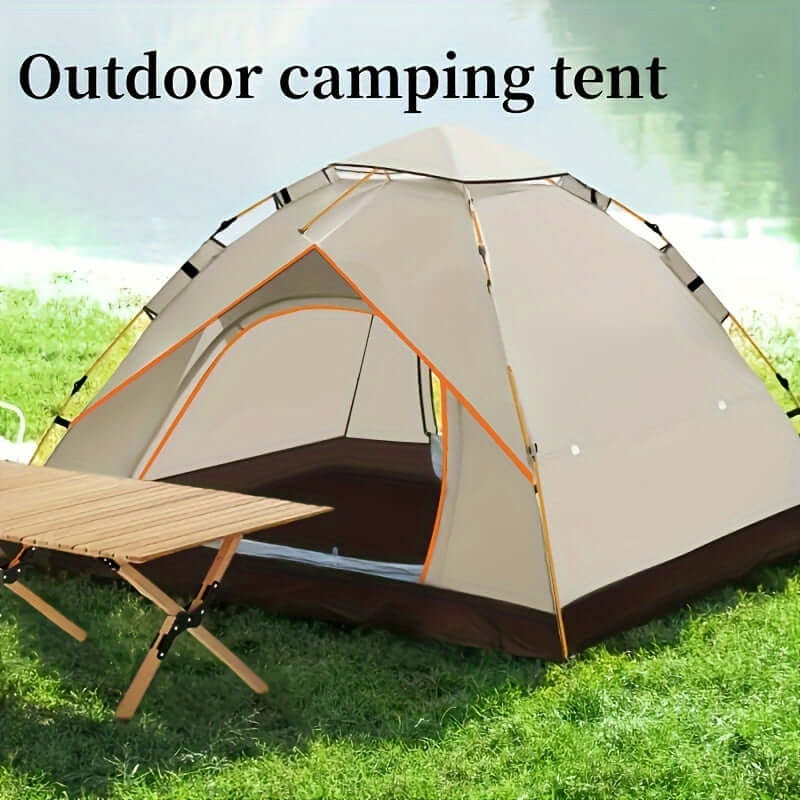 Waterproof outdoor camping tent with automatic setup on grassy site, ideal for 3-4 people, featuring UV protection and carbon-fiber poles.