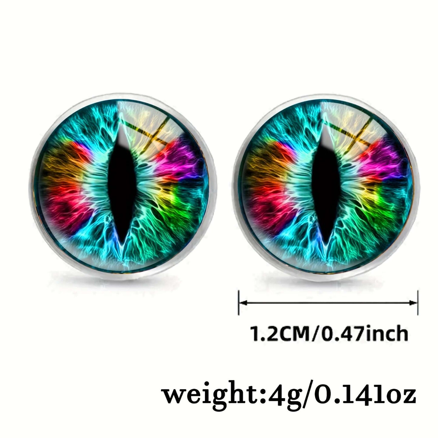 Colorful dragon eye stainless steel stud earrings with vibrant design and gothic style, 1.2cm diameter, 4g weight.