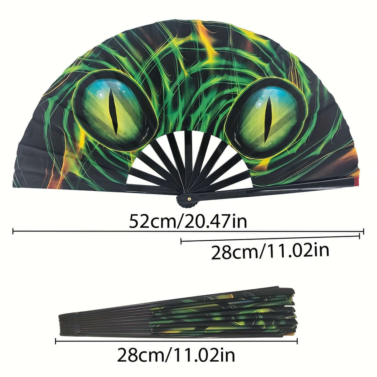 "D EXCEED Large Folding Fluorescent Fan with Eye Design, Opened and Folded, Dimensions Shown, Perfect for Rave Parties and Festivals"