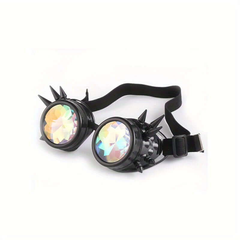 Steampunk kaleidoscope glasses with prism lenses and spikes, ideal for gothic Y2K rave parties and festivals.