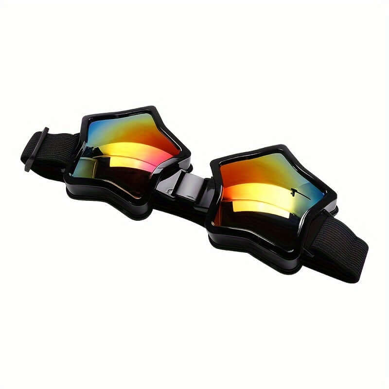 Star-shaped mirrored rave goggles with adjustable strap and rainbow lenses, perfect for festivals and parties.