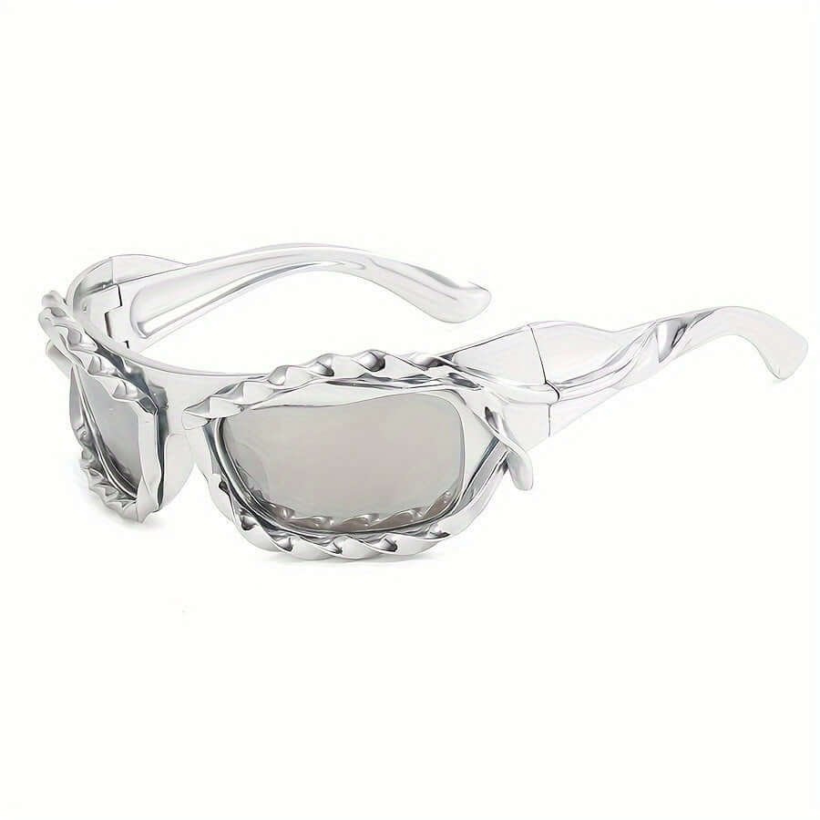 Y2K wrap-around punk sunglasses with mirrored lenses and durable plastic frame for raves and outdoor activities.