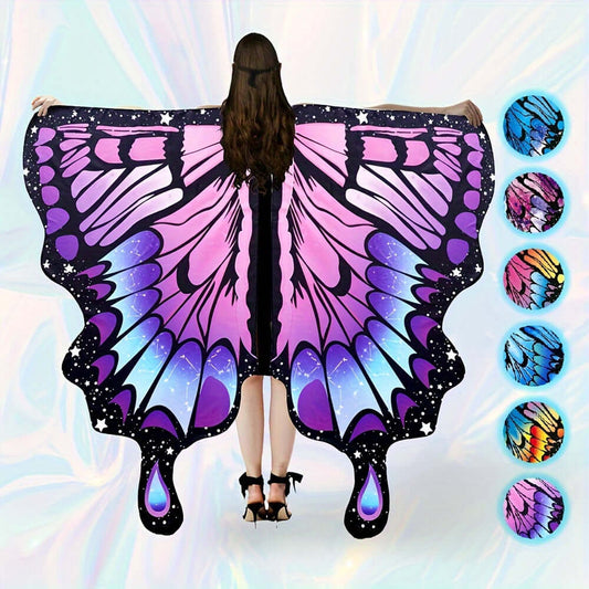 Colorful butterfly wings shawl worn as a festival costume, featuring adjustable straps and vibrant design options for rave and party wear.