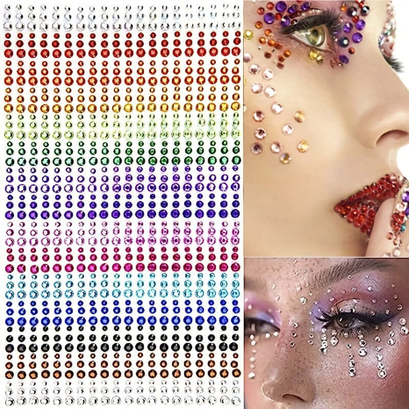 Colorful acrylic bling face gems in 15 shades for body, nails, and crafts, shown on models with creative party and festival makeup.