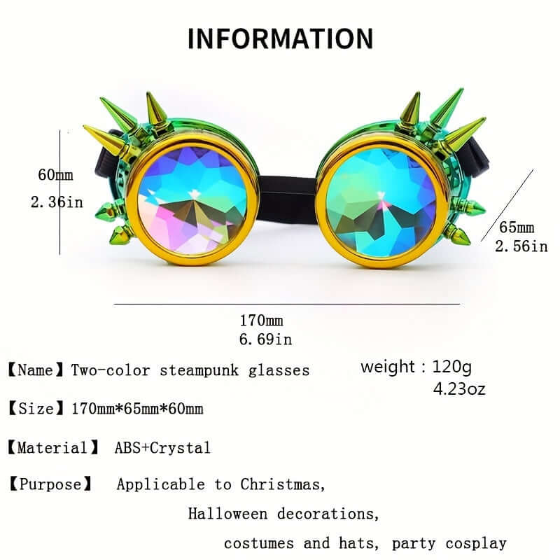 Two-color steampunk kaleidoscope glasses with prism lenses, green spikes, suitable for raves, festivals, and cosplay.