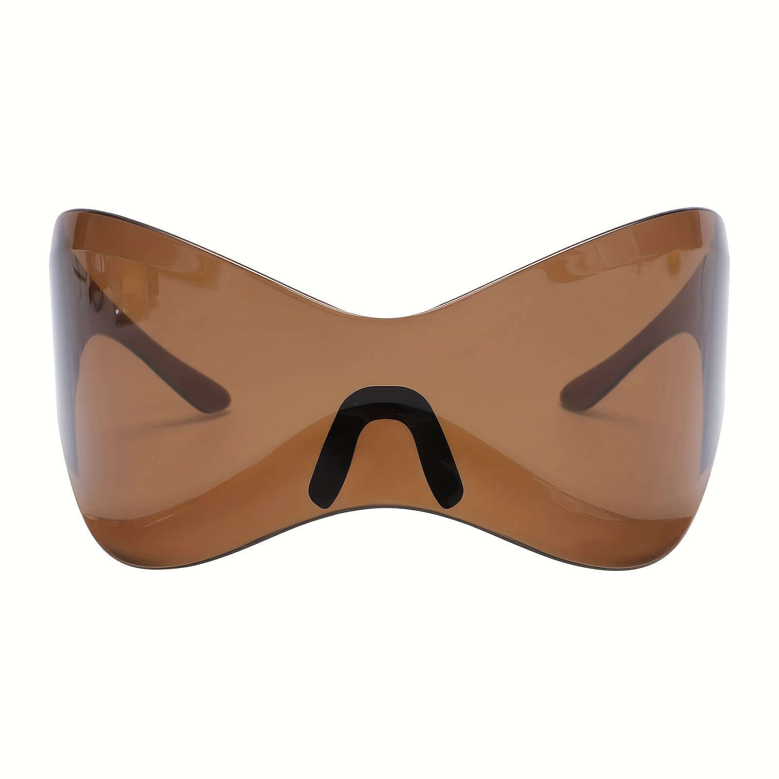 Y2K cyberpunk shield sunglasses with brown mirror lens, futuristic design, lightweight frame for parties and festivals.