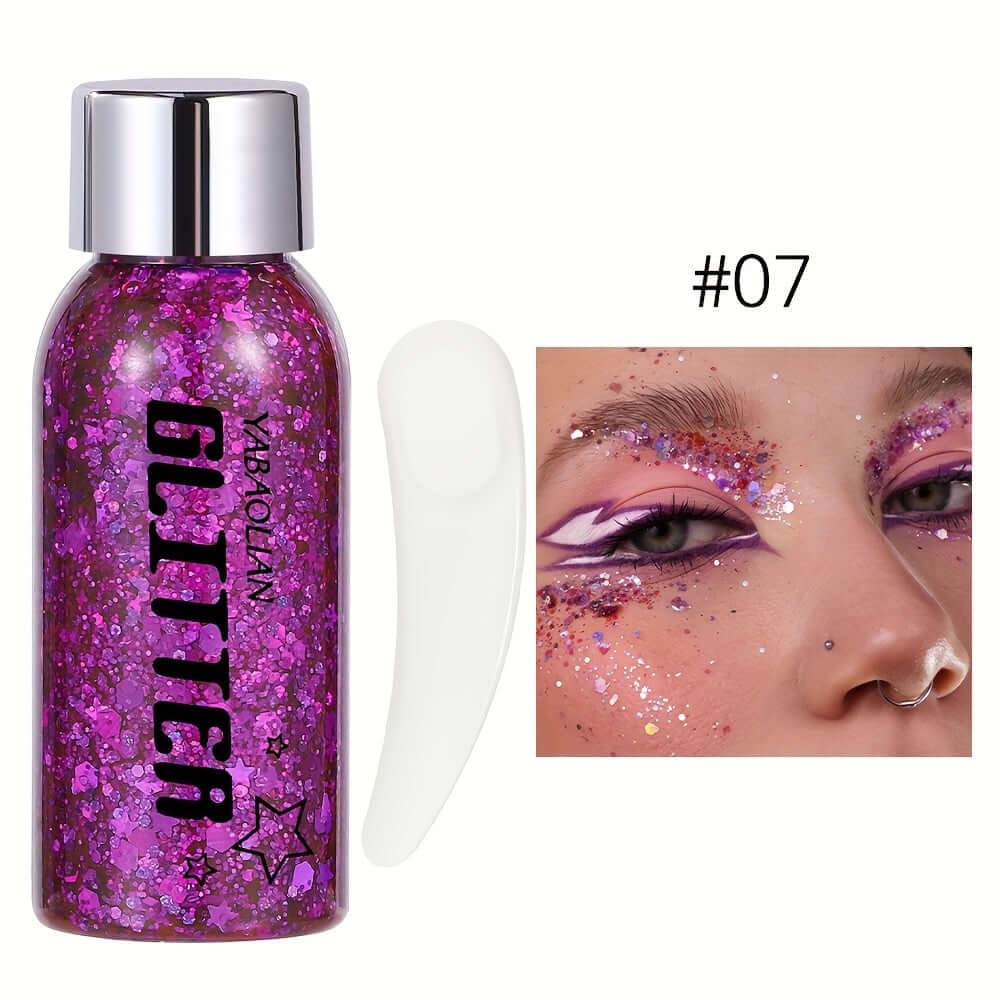 Vibrant purple mermaid sequin glitter gel with face makeup example, ideal for festivals, body, and hair use.