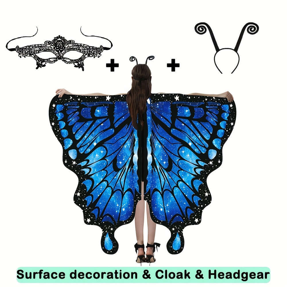 Woman wearing blue butterfly wings shawl with mask and headgear for festival or party costume.