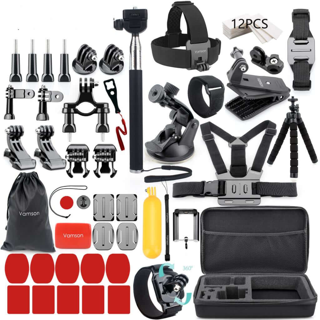 Complete action camera accessories kit with waterproof case, mounts, and straps for GoPro, DJI, AKASO, and more.