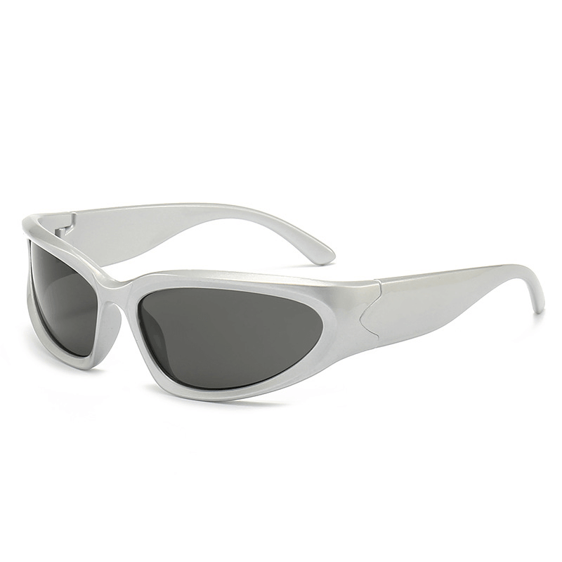 Vintage Y2K futuristic fashion sunglasses with silver polycarbonate frame and dark lenses, ideal for raves and festivals.