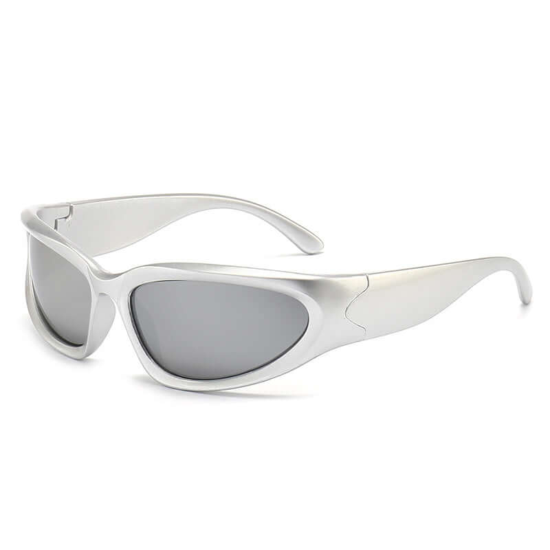 Vintage Y2K futuristic sunglasses with silver lenses and polycarbonate frame, perfect for raves and festivals.