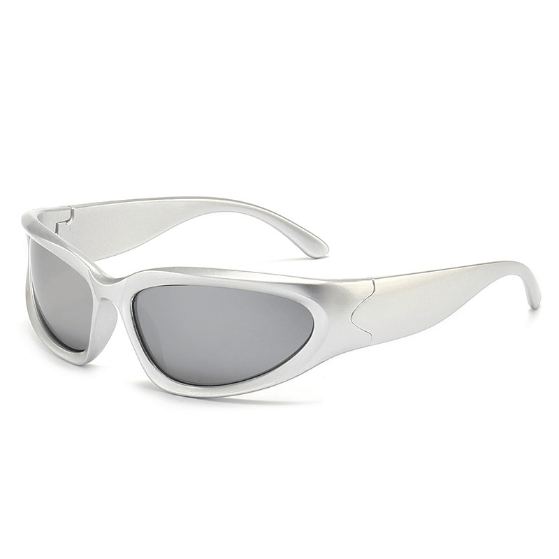 Vintage Y2K futuristic fashion sunglasses with silver frame for raves and festivals