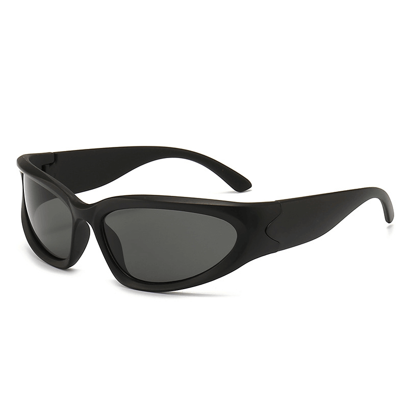 Vintage Y2K futuristic black sunglasses with polycarbonate frame for rave and festival fashion.