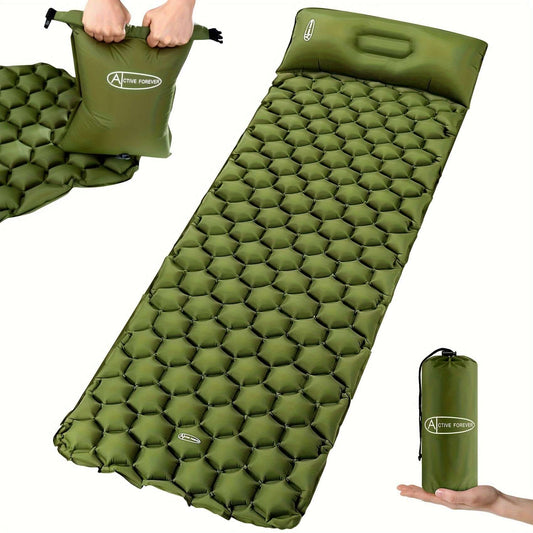 Ultralight inflatable camping mat with built-in pillow and pump bag, waterproof single pad, ideal for backpacking and hiking.