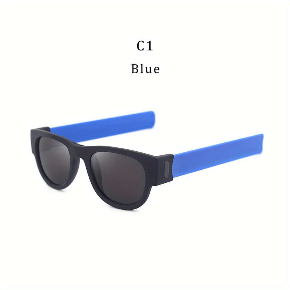 Foldable slap-on polarized sunglasses with blue arms, durable frame, and TAC lenses, perfect for outdoor activities and travel.