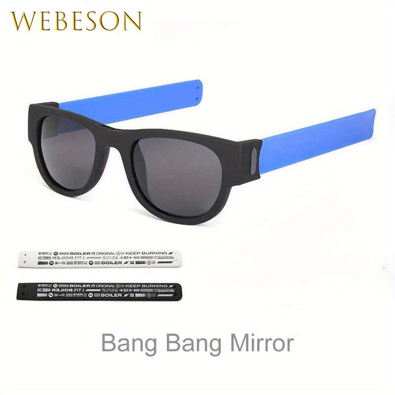 Foldable slap-on polarized sunglasses with blue arms and black frame, perfect sporty travel accessory for outdoor activities.