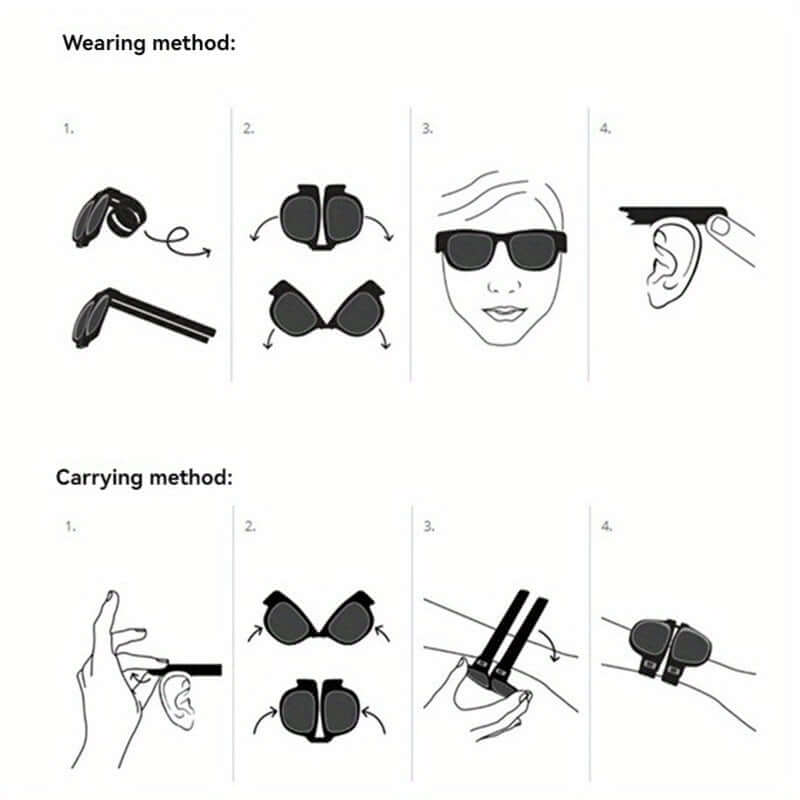 Instructions for wearing and carrying foldable slap-on polarized sunglasses, showcasing sporty and convenient use.