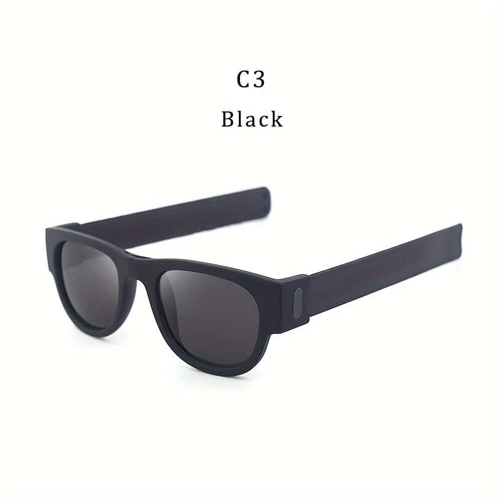 Black foldable slap-on polarized sunglasses with durable polycarbonate frame and TAC lenses, ideal for sporty outdoor activities.