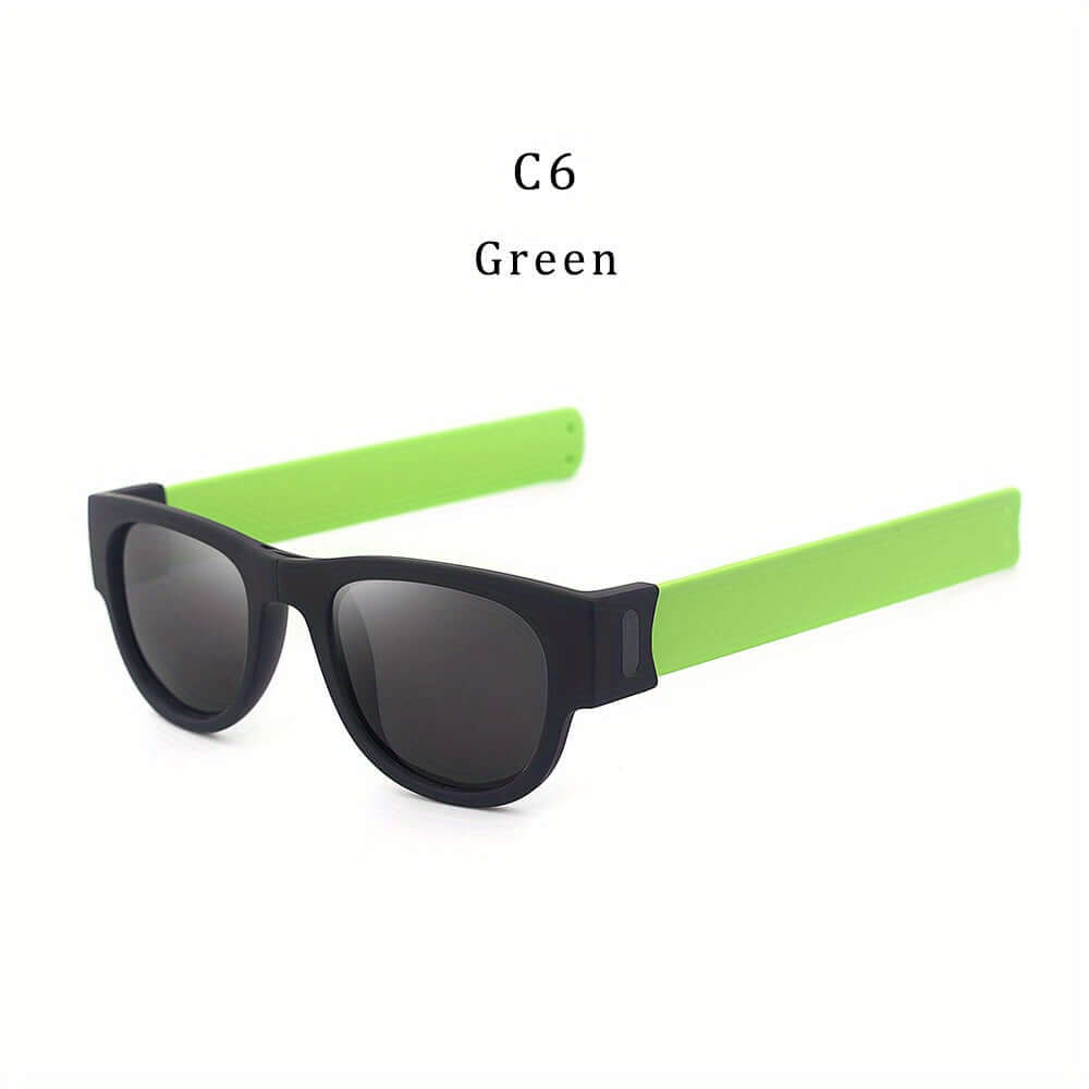 Green foldable slap-on polarized sunglasses with black frames, ideal for sports and travel, featuring durable polycarbonate design.