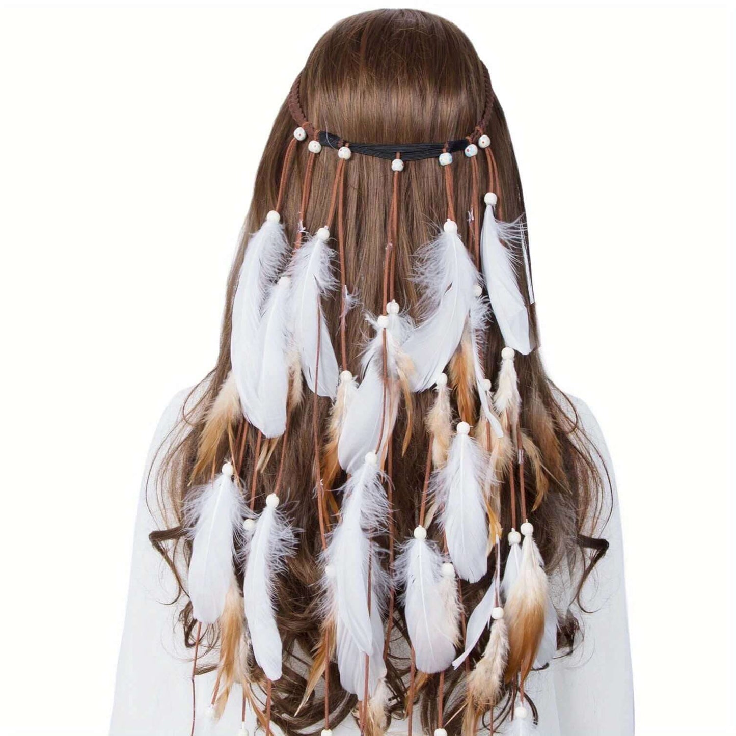 Boho faux feather tassel headband on long brown hair, ideal for festivals and bohemian style.