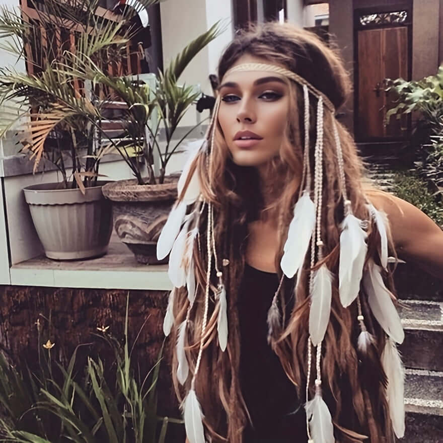 Woman wearing a boho-inspired faux feather tassel headband, ideal for festival and bohemian style, standing by plants.