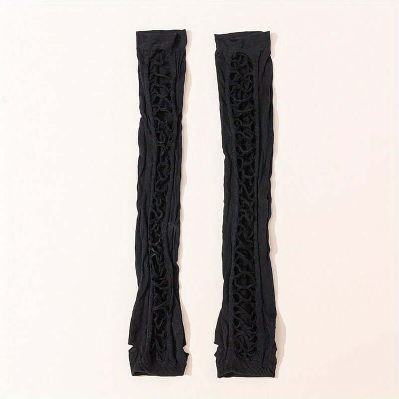 Elegant long fingerless black lace gloves with vintage hollow-out design, perfect for weddings and formal events.