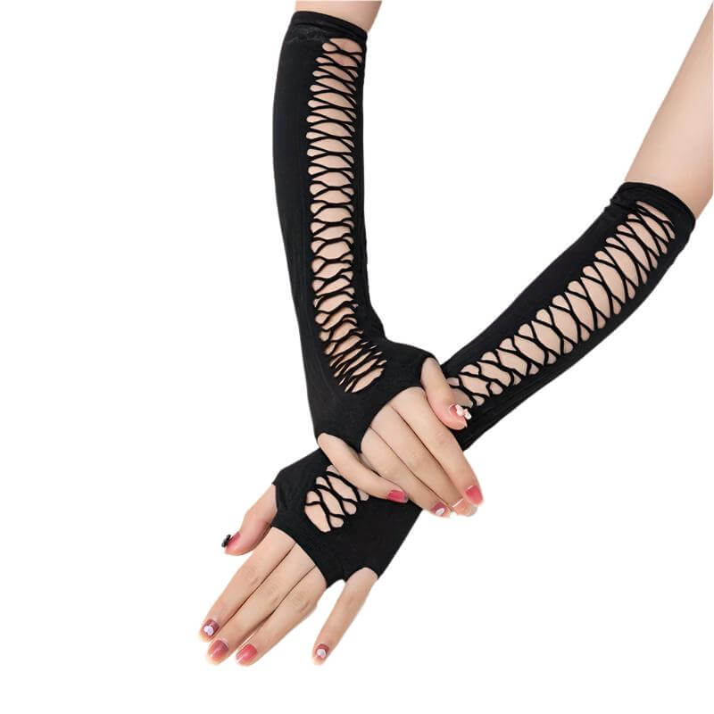 Elegant long fingerless lace gloves, vintage black arm sleeves for women, featuring a breathable hollow-out design, ideal for formal events.