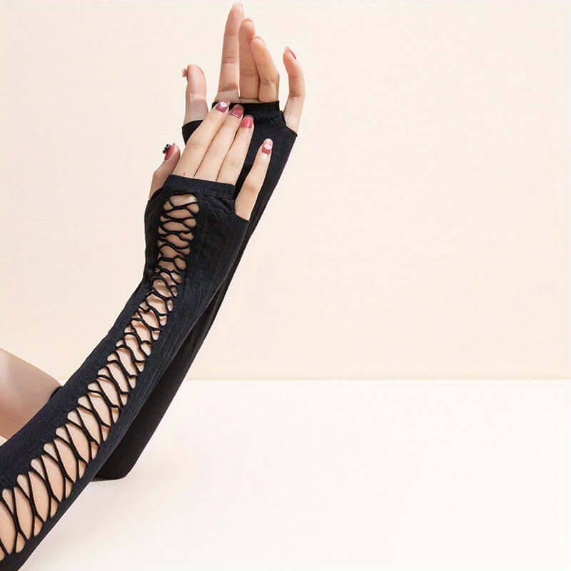 Black vintage long fingerless lace gloves with hollow-out design for women, perfect for weddings and parties, enhancing elegance.