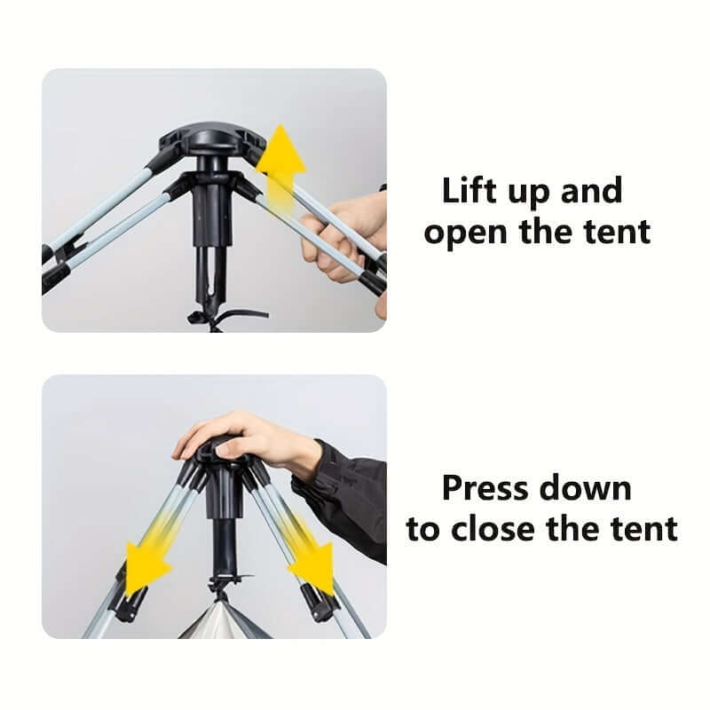 Instructions for setting up a portable outdoor tent with a ceiling, showing how to lift to open and press down to close.