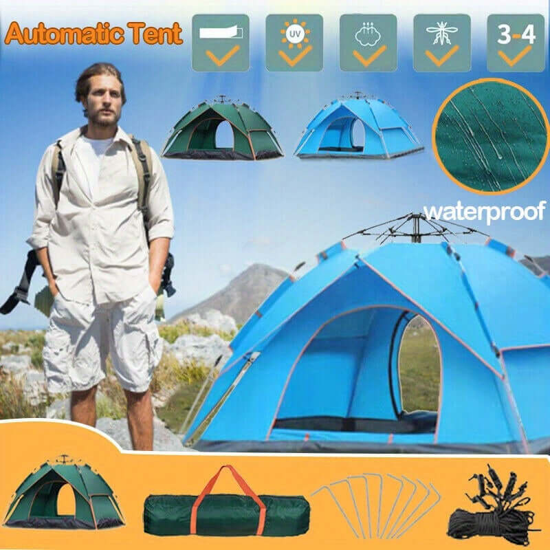 2-3 Person Automatic Pop-Up Camping Tent for Outdoor Adventures, showcasing waterproof features and instant setup design.