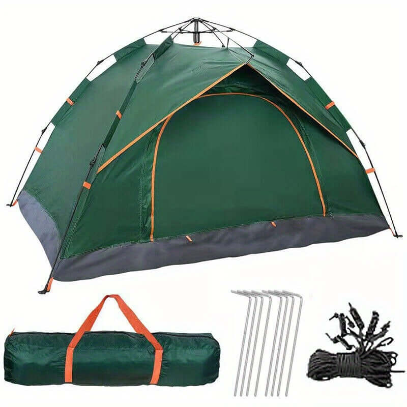 Green pop-up camping tent for 2-3 people with automatic setup, includes carry bag, stakes, and ropes for outdoor adventures.