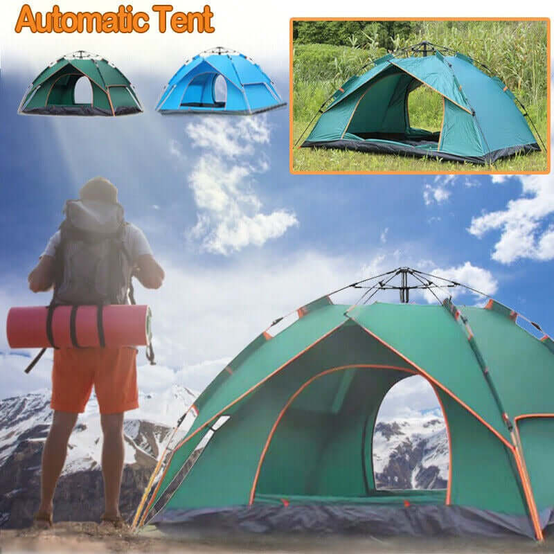 Automatic pop-up camping tent set up in scenic mountain landscape with hiker, showcasing easy outdoor use and durability.