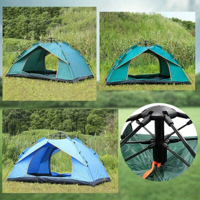 Automatic pop-up camping tent for 2-3 people set up outdoors in lush green field, showcasing stability and easy setup.