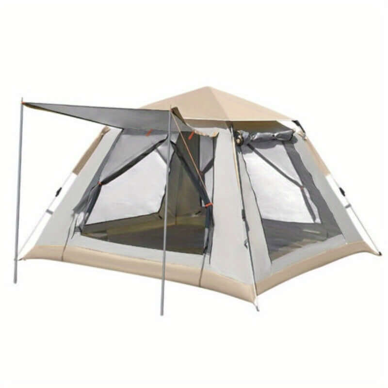 Instant pop-up camping tent with awning, double layer, and rainfly for 3-8 people, ideal for family outings and quick setup.