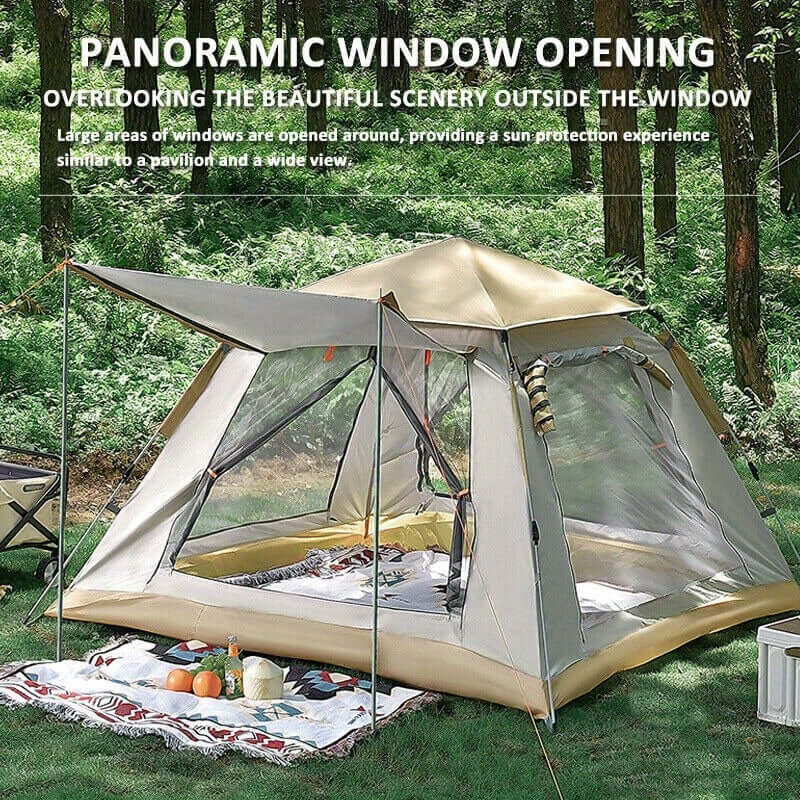 Spacious pop-up camping tent with awning in a forest setting, showcasing panoramic window design for scenic views and sun protection.