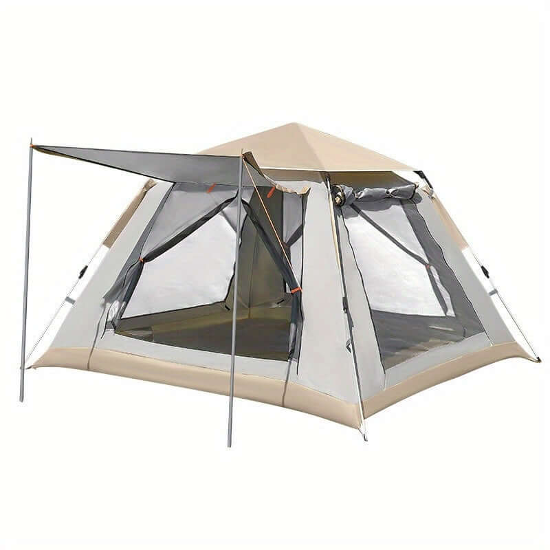 3-8 person instant pop-up camping tent with double layer and awning, designed for weather resistance and quick setup.