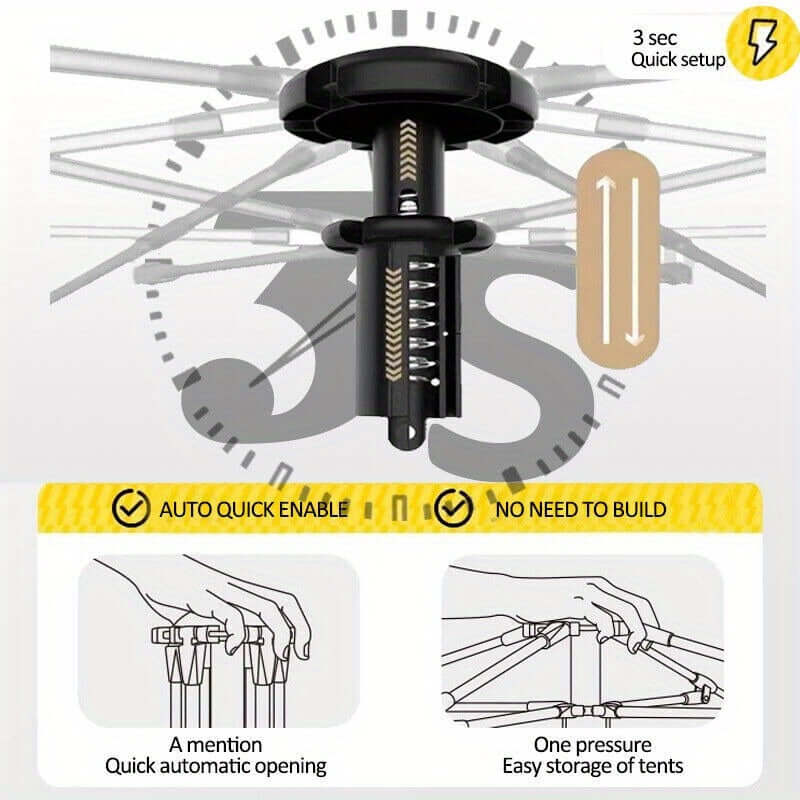 Close-up of automatic pop-up mechanism for a 3-8 person camping tent, highlighting quick setup and easy storage features.