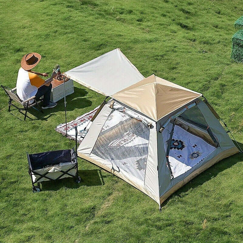 Instant pop-up camping tent with awning on grass, ideal for 3-8 people, featuring spacious design and weather-resistant double layers.