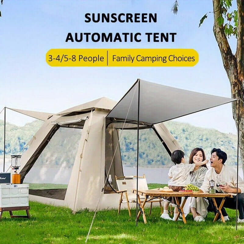 Family enjoying picnic near 3-8 person sunscreen automatic pop-up tent with awning, ideal for camping trips.