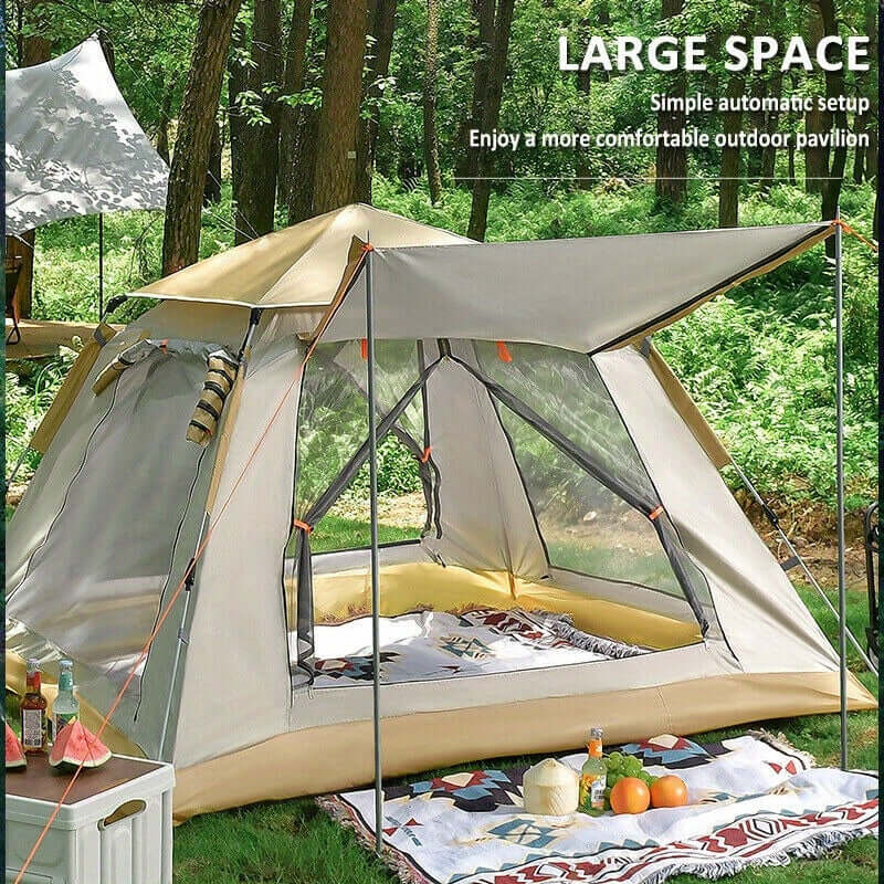 Instant pop-up camping tent with awning set up in forest, showcasing large space and automatic setup for outdoor comfort.